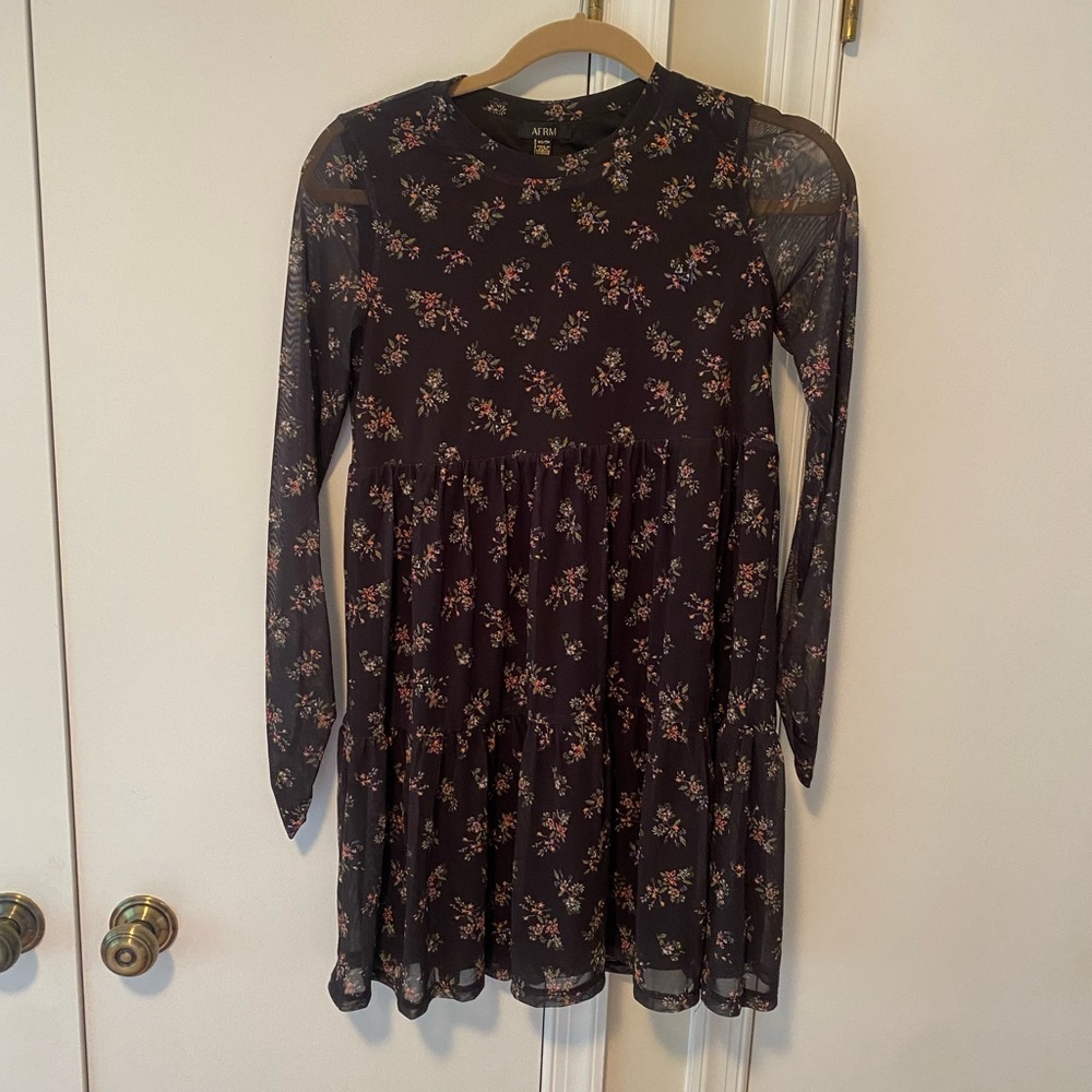 AFRM xs long sleeve black dress with flowers NWT